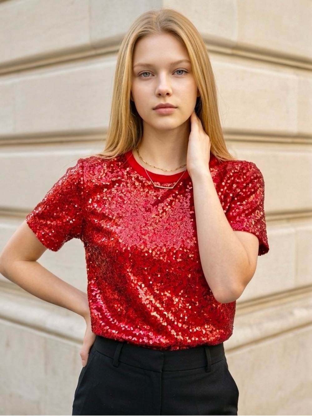 DKNY Red Sequin Short Sleeve Tee